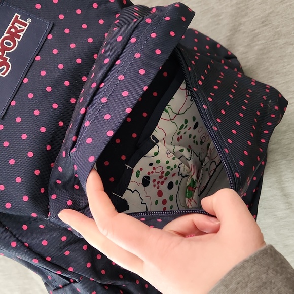 Jansport Pink Polkadot and Navy Backpack - Picture 2 of 5